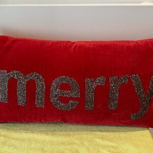 CHRISTMAS  Red 'Merry' Holiday LARGE Pillow; SEQUIN BEADS!!PLUS Holiday FREEBIES